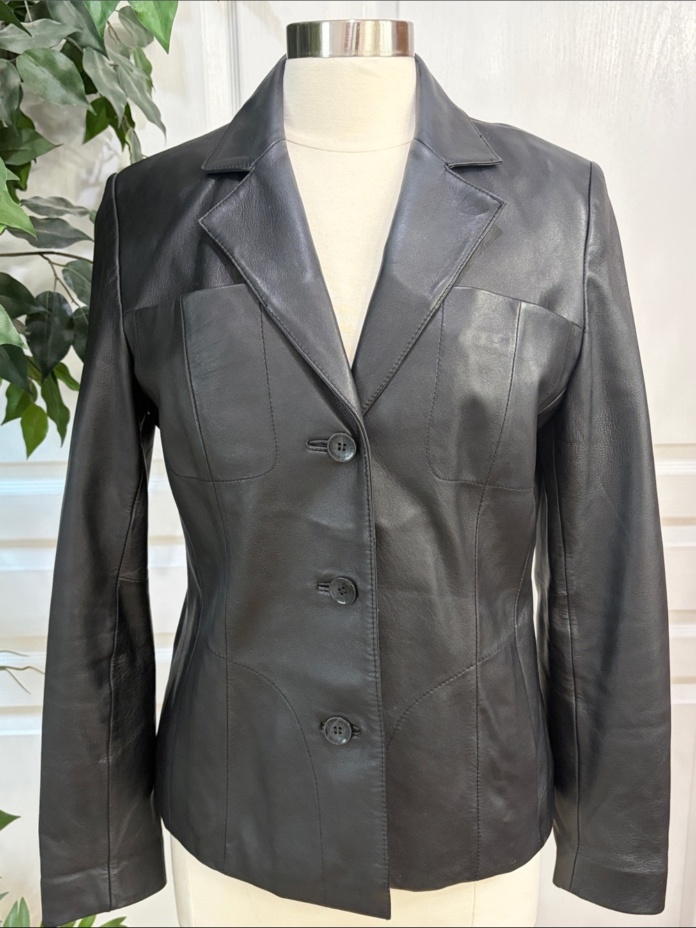 Wilsons Leather Pelle Studio Button Front Lined Jacket/Blazer ~ Black